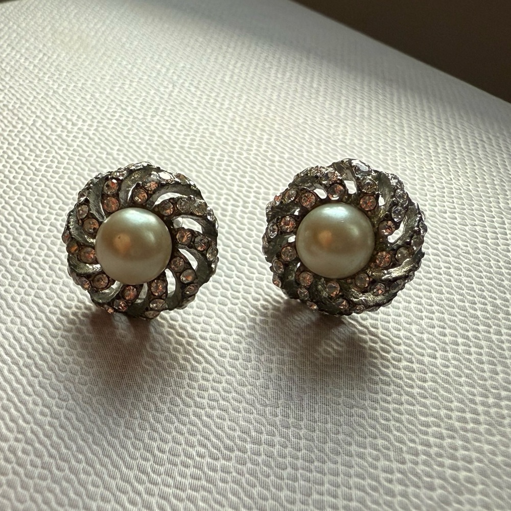 Vintage Silver Pearl Crystal Earrings